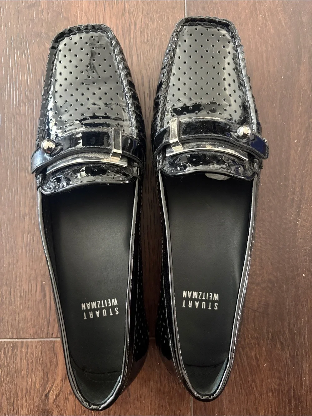 Stuart Weitzman Black Patent Perforated Bit Loafers
